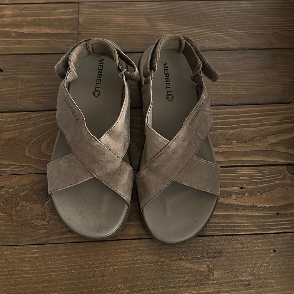 MERRELL Around Town Sunvue Nubuck Leather Strap Sandal in Stone Womens 8